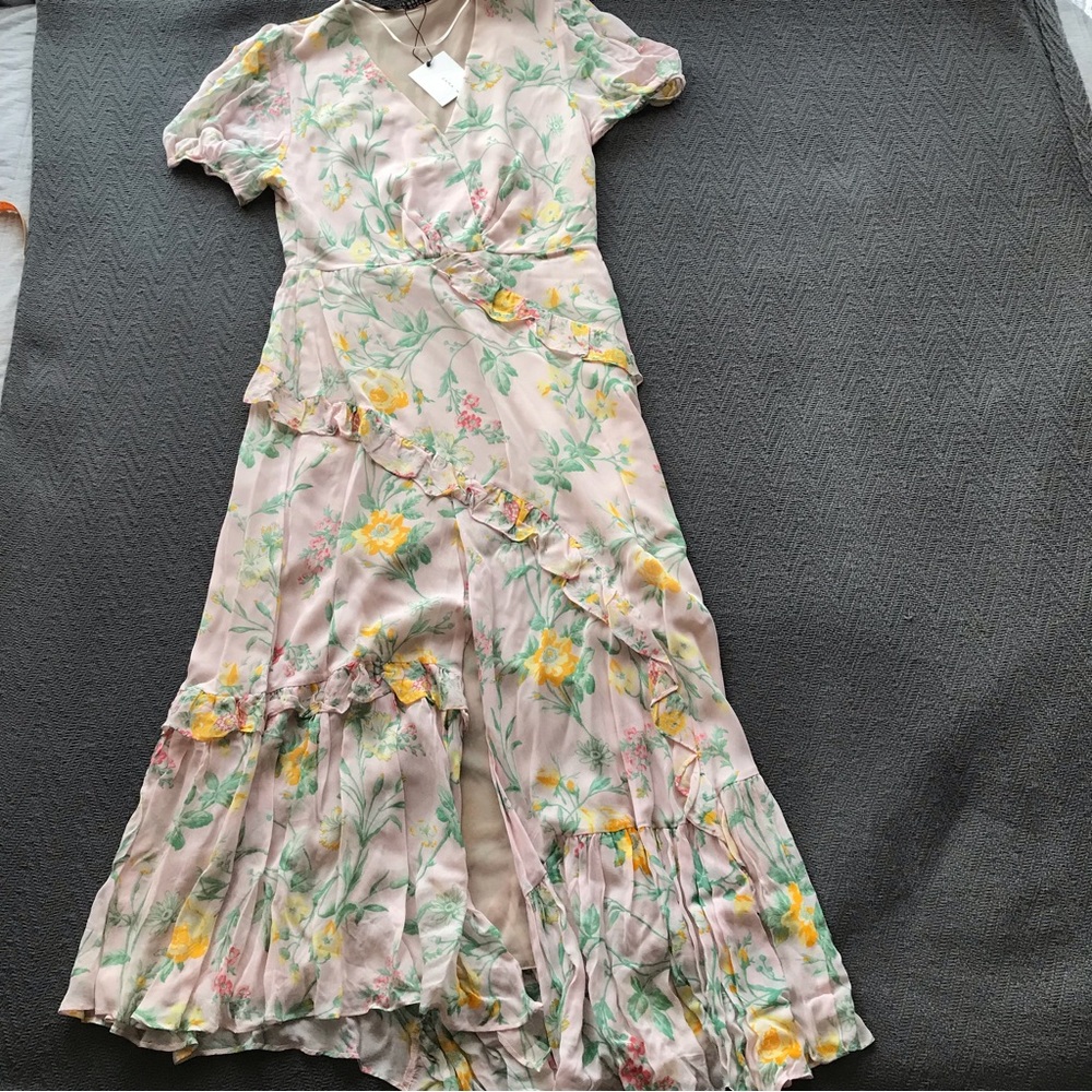 NWT Zara Woman Pink Floral Ruffle Maxi Dress Front Slit Spring Feminine Festival